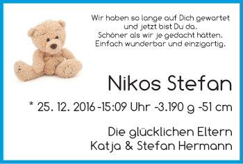 Babyanzeige von Nikos Stefan Hermann von Wuemme Zeitung