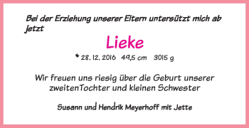 Babyanzeige von Lieke Meyerhoff von Osterholzer Kreisblatt