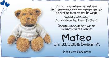 Babyanzeige von Mateo  von Die Norddeutsche