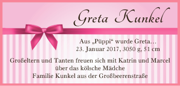 Babyanzeige von Greta Kunkel von WESER-KURIER