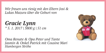 Babyanzeige von Gracie Lynn  von Osterholzer Kreisblatt