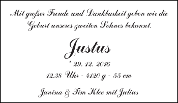 Babyanzeige von Justus Klee von WESER-KURIER