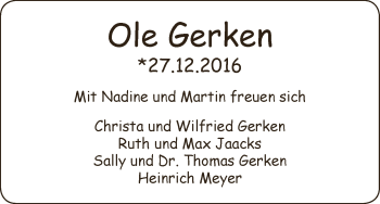 Babyanzeige von Ole Gerken von WESER-KURIER