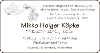 Babyanzeige von Mikko Holger Köpke von Osterholzer Kreisblatt