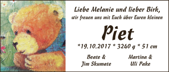 Babyanzeige von Piet  von WESER-KURIER