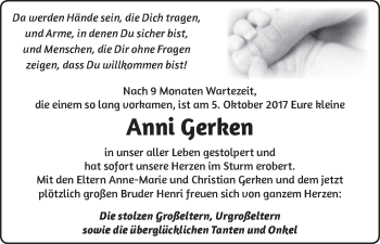 Babyanzeige von Anni Gerken von Die Norddeutsche