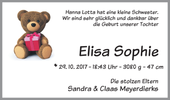 Babyanzeige von Elisa Sophie  von Osterholzer Kreisblatt