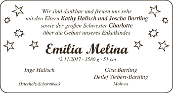 Babyanzeige von Emilia Melina  von Osterholzer Kreisblatt