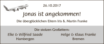 Babyanzeige von Jonas  von WESER-KURIER