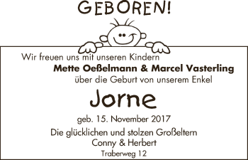 Babyanzeige von Jorne Vasterling von Wuemme Zeitung
