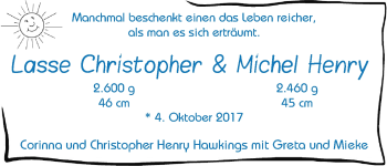 Babyanzeige von Lasse Christopher und Michel Henry Hawkings von WESER-KURIER