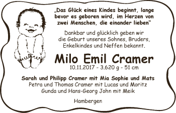 Babyanzeige von Milo Emil Cramer von Osterholzer Kreisblatt
