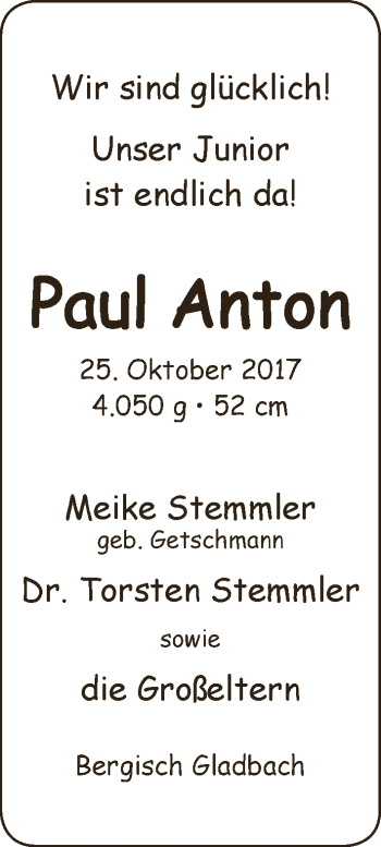 Babyanzeige von Paul Anton  von WESER-KURIER