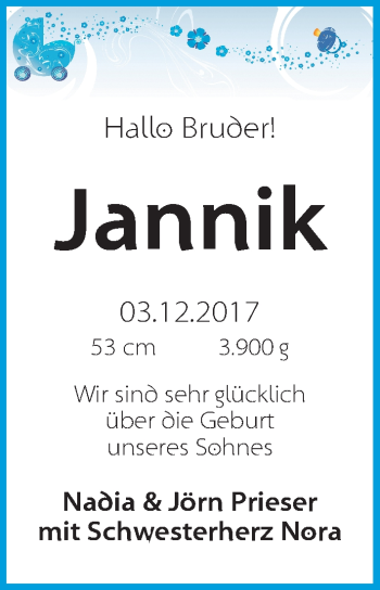 Babyanzeige von Jannik Prieser von WESER-KURIER
