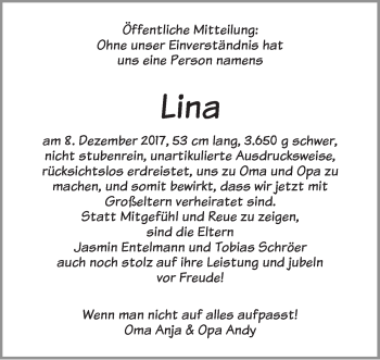 Babyanzeige von Lina  von Wuemme Zeitung