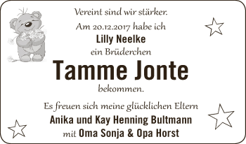 Babyanzeige von Tamme Jonte Bultmann von WESER-KURIER