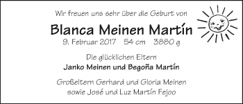 Babyanzeige von Blanca Meinen von WESER-KURIER