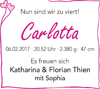 Babyanzeige von Carlotta Thien von Wuemme Zeitung