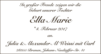 Babyanzeige von Ella Marie  von WESER-KURIER