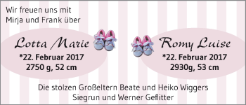 Babyanzeige von Lotta Marie und Romy Luise  von WESER-KURIER