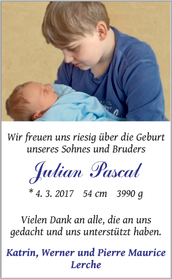 Babyanzeige von Julian Pascal Lerche von WESER-KURIER