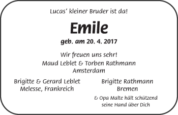 Babyanzeige von Emile  von WESER-KURIER
