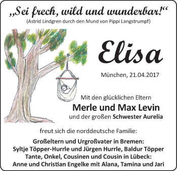 Babyanzeige von Elisa  von Die Norddeutsche
