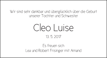 Babyanzeige von Cleo Luise Frisinger von WESER-KURIER