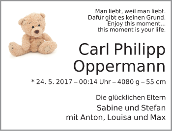 Babyanzeige von Carl Philipp Oppermann von WESER-KURIER