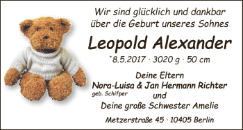 Babyanzeige von Leopold Alexander Richter von WESER-KURIER
