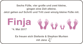 Babyanzeige von Finja Murken von Wuemme Zeitung