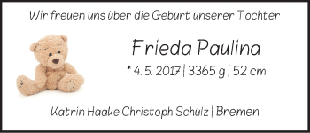 Babyanzeige von Frieda Paulina von WESER-KURIER