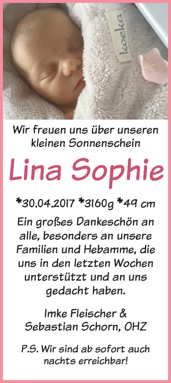Babyanzeige von Lina Sophie  von Osterholzer Kreisblatt
