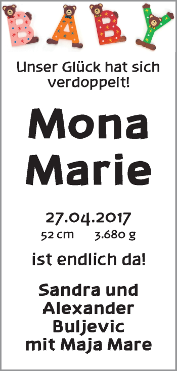 Babyanzeige von Mona Marie Buljevic von WESER-KURIER