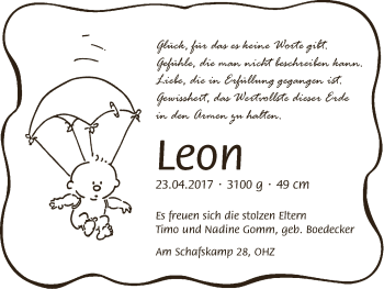 Babyanzeige von Leon Gromm von Osterholzer Kreisblatt
