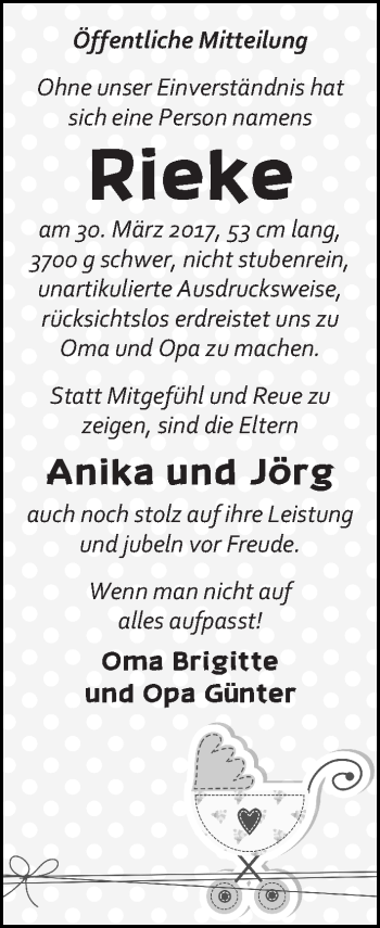 Babyanzeige von Rieke  von Wuemme Zeitung