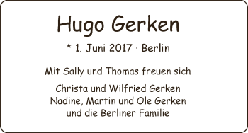 Babyanzeige von Hugo Gerken von WESER-KURIER
