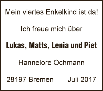 Babyanzeige von Lukas, Matts, Lenia und Piet  von Wuemme Zeitung