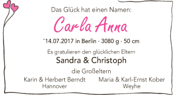 Babyanzeige von Carla Anna Berndt von WESER-KURIER