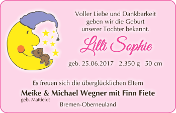 Babyanzeige von Lilli Sophie Wegner von WESER-KURIER
