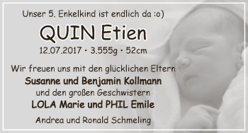 Babyanzeige von Quin Etien Kollmann von WESER-KURIER