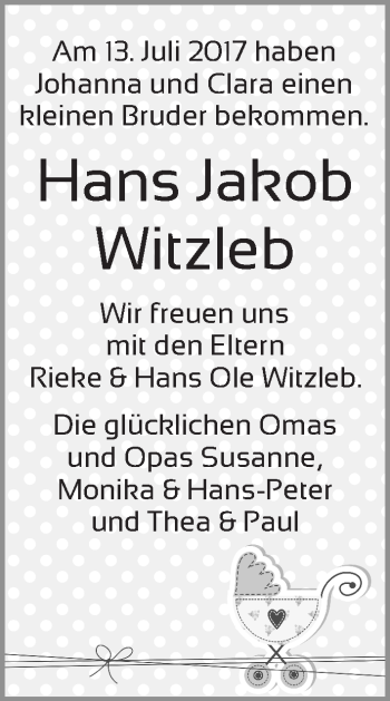 Babyanzeige von Hans Jakob Witzleb von WESER-KURIER