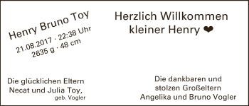 Babyanzeige von Henry Bruno Toy von WESER-KURIER