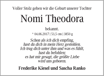 Babyanzeige von Nomi Theodora  von WESER-KURIER