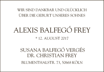 Babyanzeige von Alexis Balfego Frey von Osterholzer Kreisblatt
