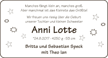 Babyanzeige von Anni Lotte Speck von Osterholzer Kreisblatt