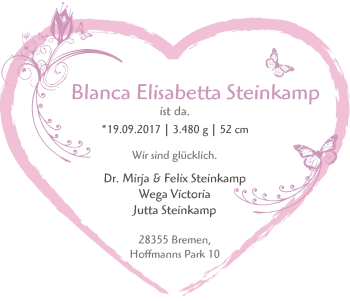 Babyanzeige von Blanca Elisabetta Steinkamp von WESER-KURIER