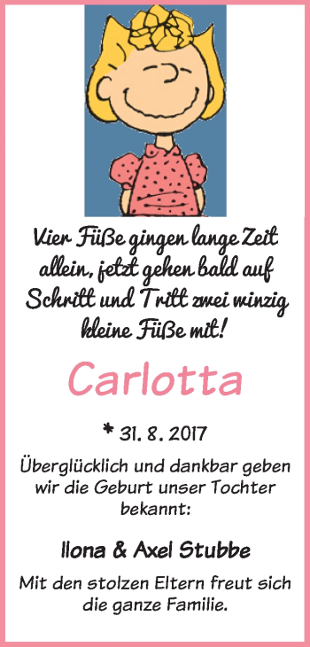 Babyanzeige von Carlotta Stubbe von WESER-KURIER