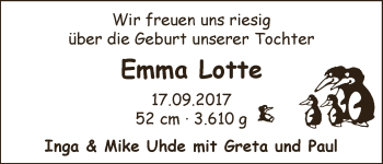 Babyanzeige von Emma Lotte Uhde von WESER-KURIER