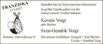 Babyanzeige von Franziska Voigt von WESER-KURIER